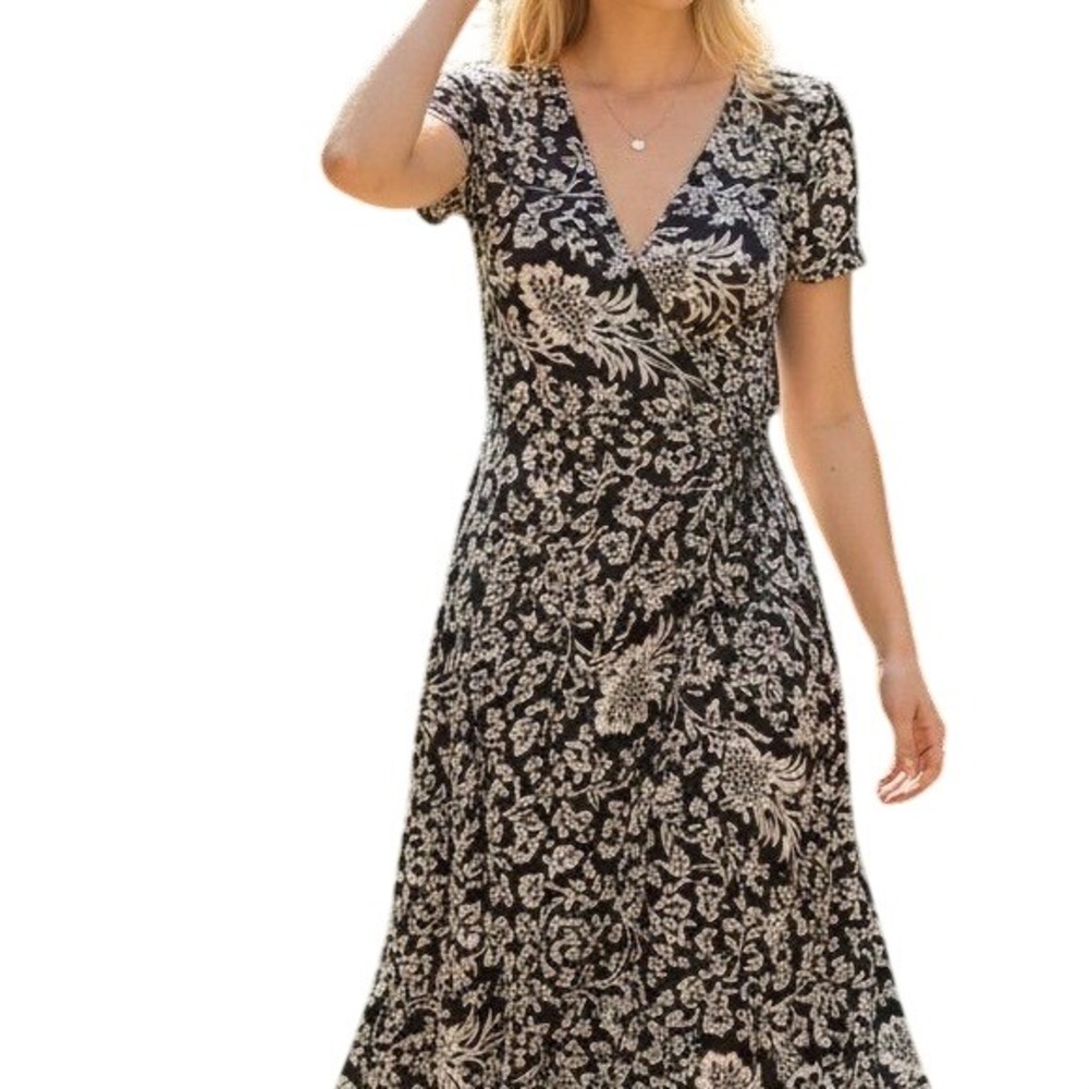 Attention Wrap Dress Women Large Black White Floral Short Sleeve V-Neck Stretch